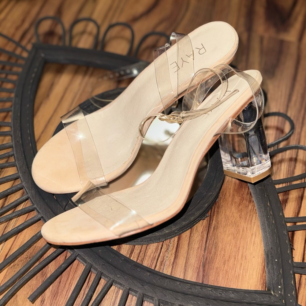 RAYE Clear Strappy Block Heel Sandals with Nude Footbed